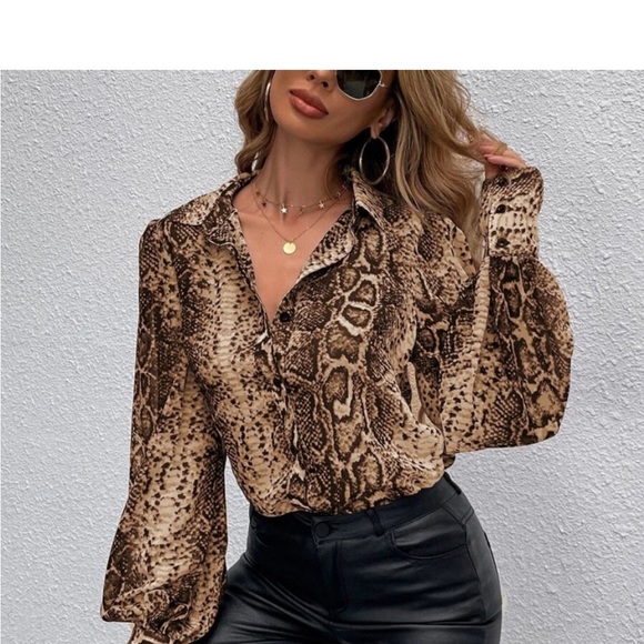 Snakeskin Print Cuffed Long Sleeve Sheer Top Blouse Button Down Shirt - Picture 4 of 12